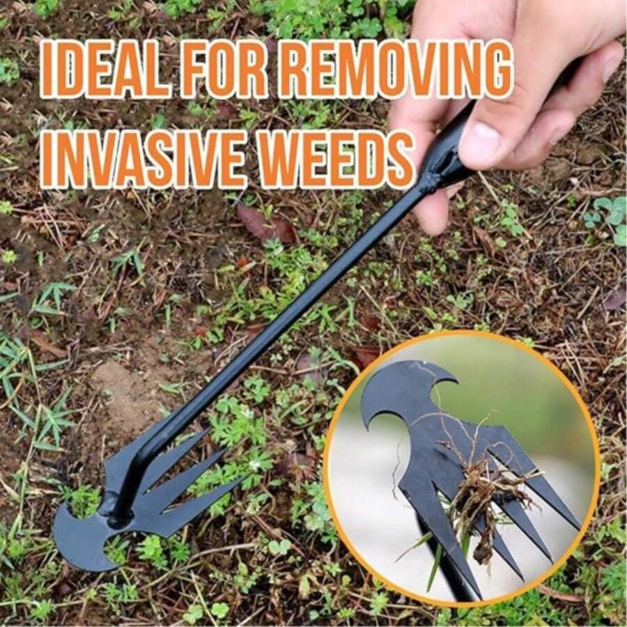 1 peça Ferramenta de jardinagem em metal preto para arrancar ervas daninhas - Arrancador portátil de mão com 4 dentes, aço reforçado, resistente à ferrugem e durável, gancho multifuncional para cuidados com o relvado, adequado para quintal e jardim, acessórios de ferramentas de jardinagem para varanda