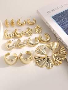 4/6/16pcs Exaggerated Eternal Flower C-Shaped Left & Right Flower Earring Set, Suitable For Daily And Festival Wear, Made Of ABS Resin With UV Non-Fading Technology - Gold - View 5