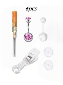 6 piezas Kit de perforación del ombligo, incluye aguja de cánula y anillos de ombligo de circonita cúbica de 14G - Multicolor - Ver 12