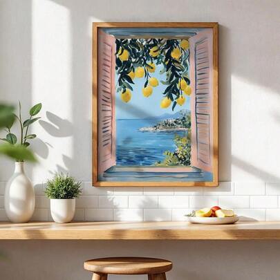 1pc Vintage Coastal Lemon Cottage Wall Art - Horizontal Abstract Seaside Canvas Painting, Colorful Lemon Print For Bedroom & Living Room Decor, Unframed Ink Canvas Aesthetic Decoration Suitable For Coastal, Lemon-Themed Rooms