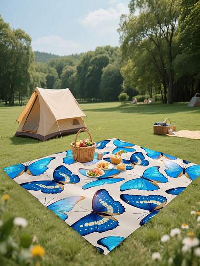 1pc Blue Butterfly Pattern Outdoor Blanket, Beach Camping Picnic Mat, Travel Hiking Camping Lawn Park Supplies, Tent Accessories, Swimming Pool, Outdoor Activities, Picnic Essential, RV Camping Mat, Portable Washable Lightweight Pad