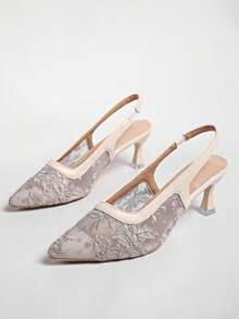 Nuevos zuecos de tacón alto con lazo blanco y malla, sandalias slip-on de punta fina para mujer con bordado de encaje, tacón fino/grueso, estilo chino - Gris - Ver 3