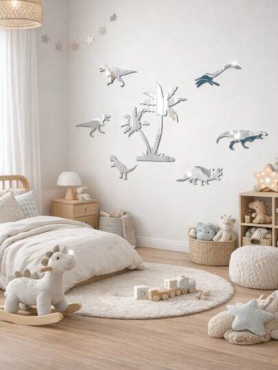 1 Set/7 Stück Dinosaurier & Palme Acryl Spiegel Wandaufkleber, 3D Silber Spiegel Effekt Wandtattoos für Kinderzimmer, Dinosaurier Themen Kinderzimmer & Spielzimmer Wanddekoration