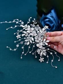 1pc Fashionable Crystal Bridal Hair Comb, Alloy Flower Headpiece Suitable For Wedding, Party, Easter - Silver - View 3