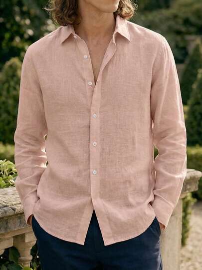 glestore 男士复古风格老钱美学纯棉亚麻质感纽扣长袖衬衫四季皆宜休闲时尚百搭 Camisa Para Hombre