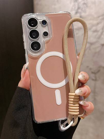 Luxury Solid Color Jelly Glossy Magnetic Wireless Charging Phone Case + Nylon Lanyard Rope Compatible With Samsung Galaxy S26Ultra S25Ultra S26Plus S24Ultra S23Ultra S22Ultra S25 S24 Plus A57 A56 A55 Simple Acrylic Hard Back Soft Border Shockproof Bumper Cover