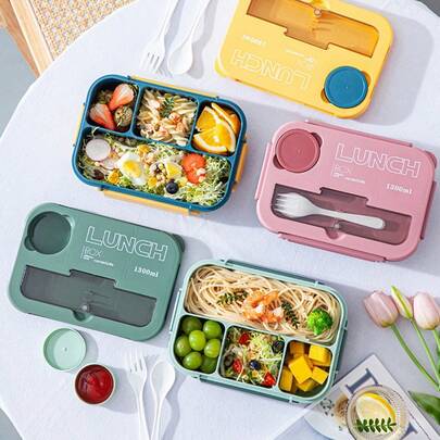 Hộp cơm bento dùng được trong lò vi sóng, có nhiều ngăn, chống rò rỉ, kèm hộp đựng nước chấm và dụng cụ ăn uống, phù hợp cho học sinh và nhân viên văn phòng.