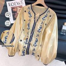 春夏新款刺绣系带流苏七分袖上衣，艺术复古波西米亚风百搭轻盈优雅上衣，适合情人节约会、下午茶聚会、乡村音乐节等场合。 - 薑色 - 查看 2