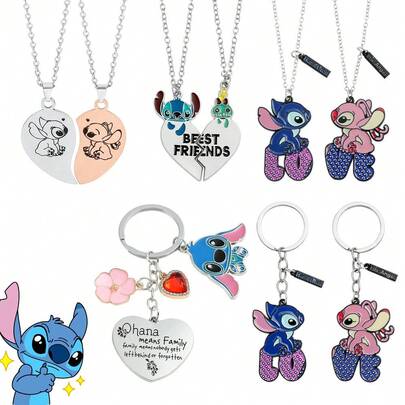  1. Móc khóa Stitch dễ thương, quà tặng trang sức Disney Lilo & Stitch cho nữ/bé gái, mặt dây chuyền hình trái tim Ohana nghĩa là gia đình 2. Bộ dây chuyền, bông tai, vòng tay đôi Stitch và Thiên thần