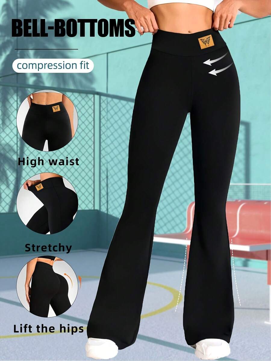 1件装女士高腰紧身长裤，简约收腹喇叭裤，纯色瑜伽阔腿裤，松紧腰宽松休闲运动裤，带松紧腰带和品牌标识，提臀瘦腰，黑色春季款 - 黑色 - 查看 1