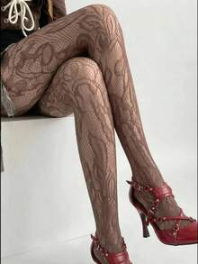 1 đôi quần tất lưới họa tiết lá màu nâu cổ điển, kiểu dáng độc đáo. - Nhiều màu - Xem 3