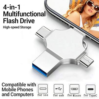 4-In-1 Multifunctional 256GB Phone USB Flash Drive, Compatible With Apple/Android Type-C/Computer, High-Speed 3.0 Metal OTG Thumb Drive, Plug And Play