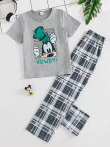 Disney Conjunto de pijama para niños preadolescentes con top de manga corta con estampado de letra "High Fly" y pantalones largos de cintura elástica a cuadros para el verano - Gris Claro - Ver 1