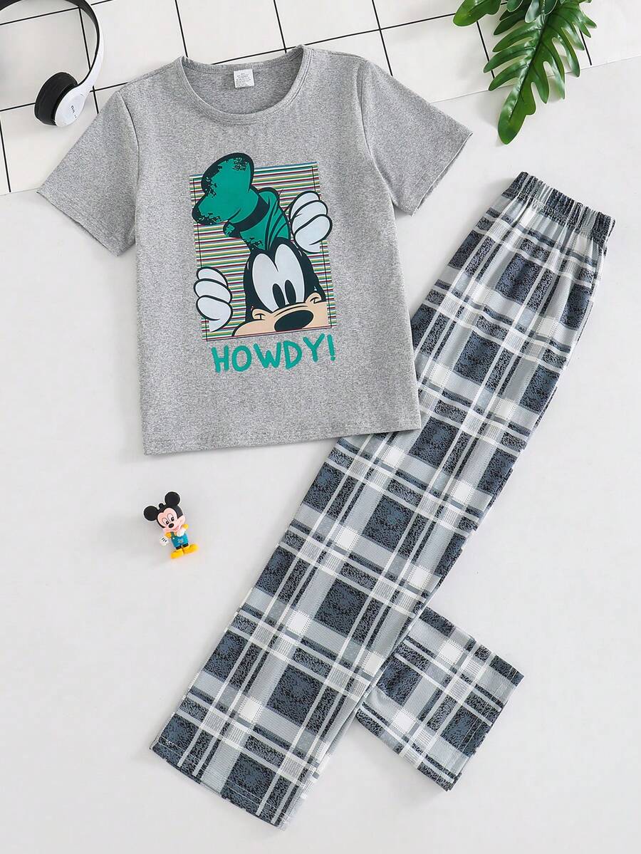 Disney Conjunto de pijama para niños preadolescentes con top de manga corta con estampado de letra "High Fly" y pantalones largos de cintura elástica a cuadros para el verano - Gris Claro - Ver 1
