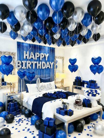 564 piezas Conjunto de decoración de cumpleaños azul | 500 pétalos de tela no tejida + cortina de borlas de papel de aluminio + pancarta de "Feliz Cumpleaños" + globos de papel de aluminio con forma de corazón y amor | Globos de látex gruesos de color azul, negro y plateado + cintas, telón de fondo oscuro para fiesta, adecuado para decoración de dormitorio de pareja romántica, decoración de fiesta de cumpleaños sorpresa de medianoche, telón de fondo para fotos de influencers