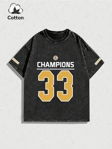 Plus Size Men's New Washed Black Short Sleeve T-Shirt Set, Cotton Short Sleeve, Street Fashion Interesting Emo Pattern 33 CHAMPIONS White English Letter Print Pattern Casual Washed Short Sleeve Set, Y2K Style, Suitable For Daily Wear - Black - View 3