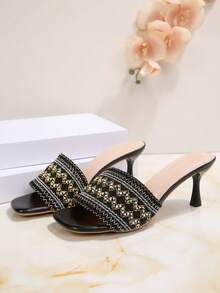 Square Toe Vintage Embroidered Fashionable Versatile High Heel Sandals, Suitable For Commuting, Dating, Business Wear In Summer - Black - View 4