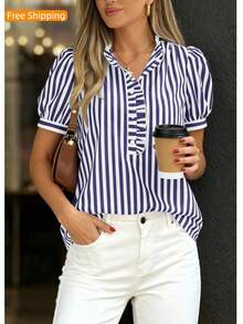 Puff Sleeve Striped Ruffle Blouse V Neck Button Front Summer Top Chic Casual Work Office Outfit For Women - Blue - View 3