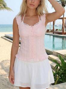 Women Y2K Button Front Tank Top Cute Solid Color Lace Trim Frilled Crop Vest  Vintage Rfuffled Hem Slim Fit Camisole Summer Streetwear Going Out Coquette Blouse - 粉色 - 查看 6