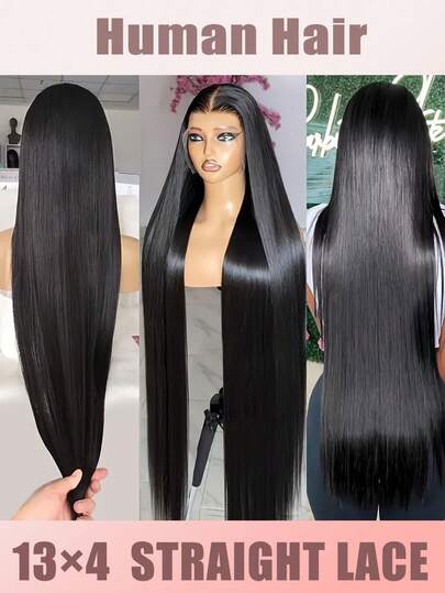 女士透明蕾丝前直发假发，13x4透明蕾丝前假发，真人发预拔毛假发，带婴儿发的蕾丝假发，女士自然黑发，180%密度真人发蕾丝前假发，预拔毛发际线，中分、左/右分和自由分缝可选，自然色，适合日常及特殊场合的自然外观假发（6-16英寸波波头假发）