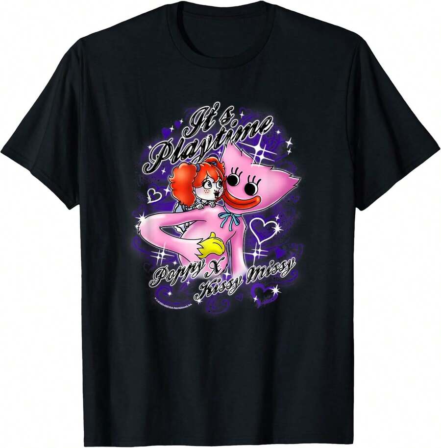 It's Playtime Poppy X Kissy Missy Airbrush T-Shirt Emo, 2000s Style Print Round Neck Short Sleeve T-Shirt Y2K Vintage Streetwear Graphic Cotton Women Tops100% Cotton Crew Neck Comfortable T-Shirt-Gender-Neutral 100% Cotton Retro-Futuristic Tee - Bold Statement PrintUnique Print _Vintage - Black - View 1
