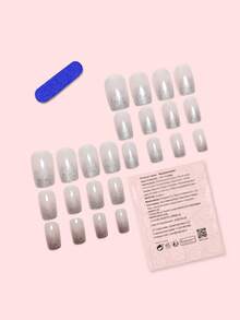 24pcs Press On Nails Medium Square French Nails Y2k Light Gray Nails Glitter Reusable Press On Acrylic Nails Fake Nails Supplies Free Of 24 Pieces Of Jelly Tabs And A Mini File - Light Grey - View 2