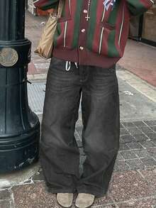 女士黑色直筒牛仔裤 Y2K 度假休闲水洗宽松牛仔裤 优雅复古直筒裤，2026 春夏款 - 黑色 - 查看 6