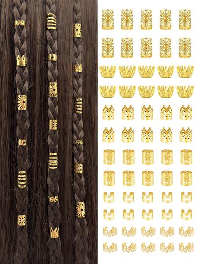 60件合金发饰，适合女性和女孩用于编发装饰，包括发夹、发圈、发卡、发带等，适用于编发、发髻等多种发型。