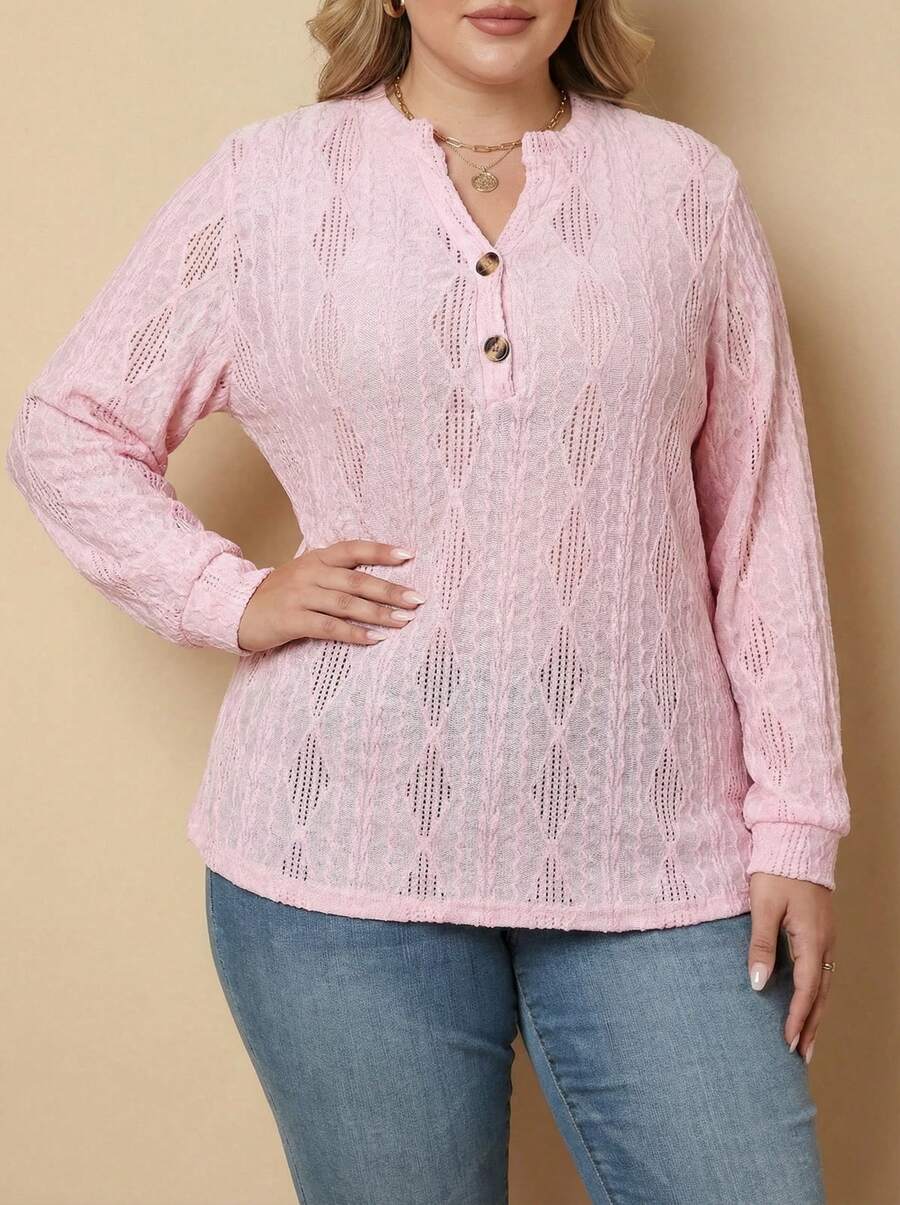 Whisplicity New European & American Cross-Border V-Neck Loose Short Sleeve T-Shirt, Jacquard Solid Color Tops For Plus Size Women, Spring/Summer Casual Pink - Pink - View 1