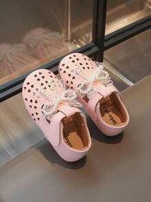 1 đôi giày bệt khoét lỗ cho bé gái, thiết kế hình bướm và ngọc trai, đế mềm chống trượt, chất liệu da thoáng khí, kiểu dáng thường ngày, giày thể thao đa năng phù hợp cho mùa xuân, hè, thu và đông. - Hồng - Xem 9