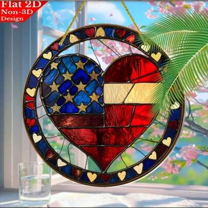 2D平面，1件装爱国主义美国独立日亚克力心形捕梦网装饰品，鲜艳的红白蓝条纹波西米亚风格墙饰，适用于卧室、门廊、办公室、花园 - 节日礼物，美国国旗墙饰