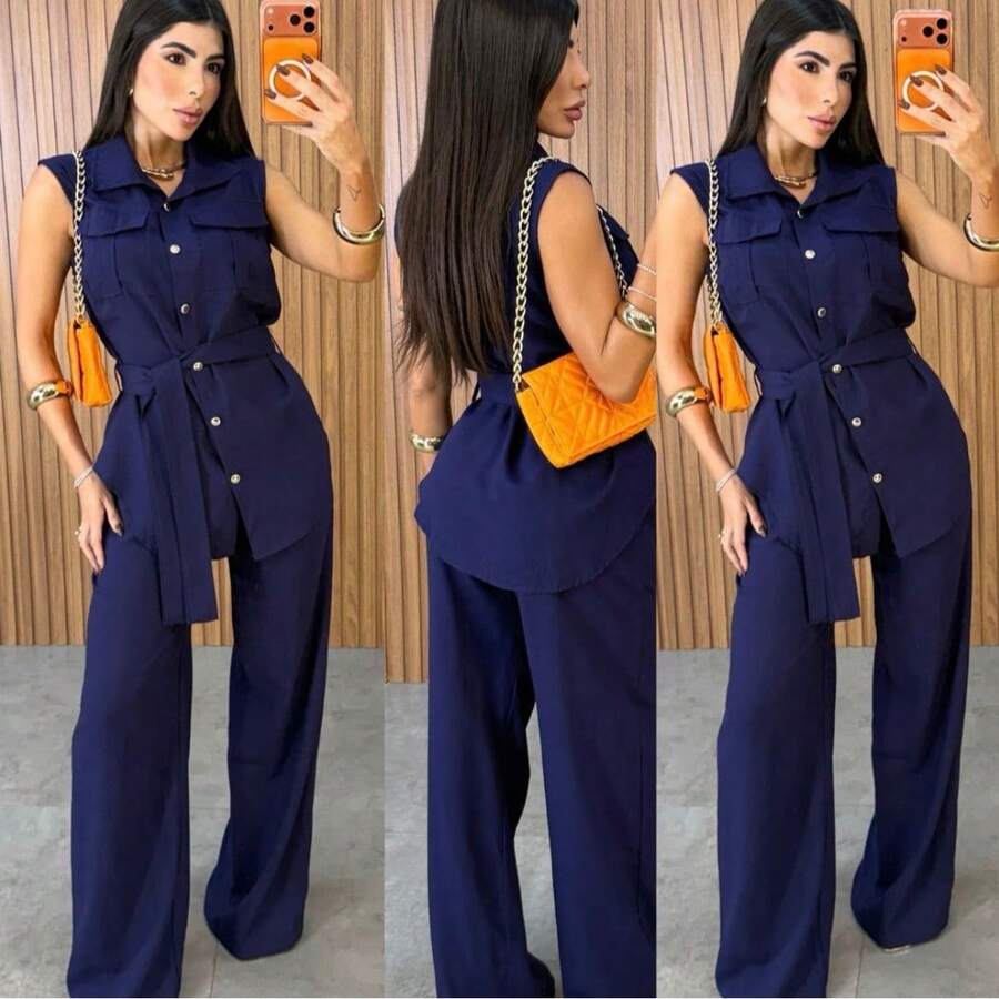 Women's Set: Vest And Wide Leg Pants, Formal And Elegant. - 藏蓝色 - 查看 1