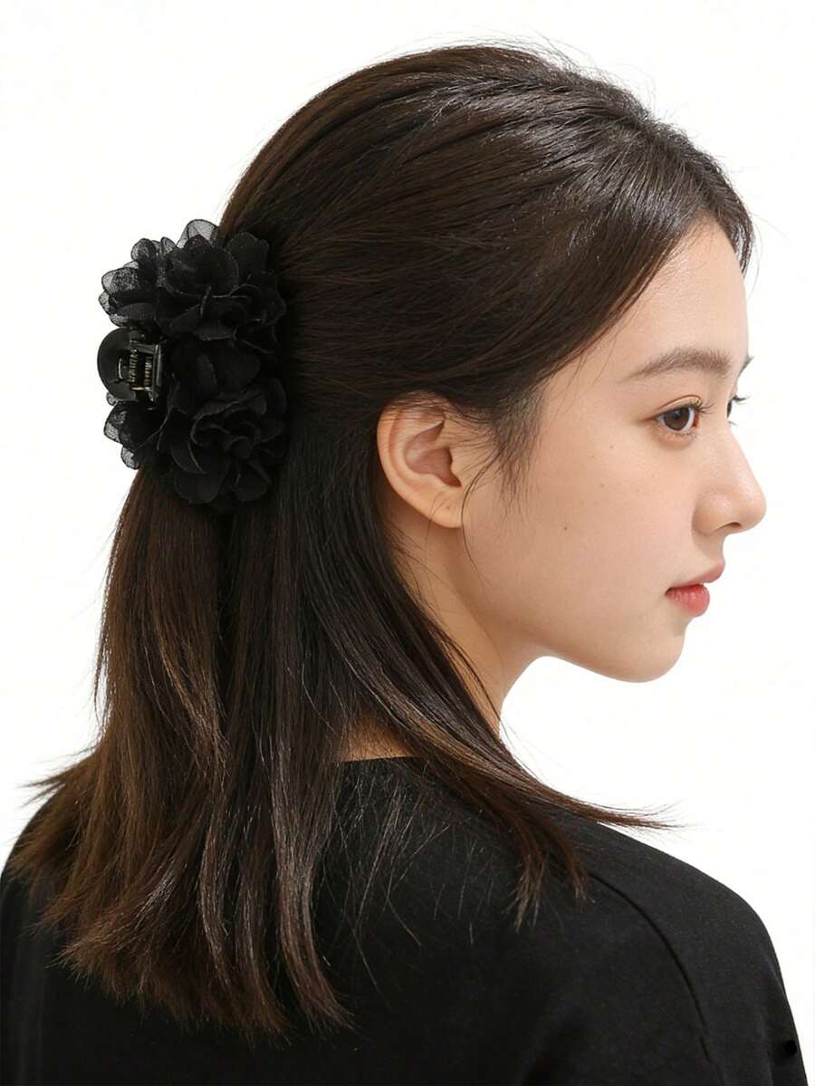 1个/3个纯色及花卉波西米亚风优雅复古玫瑰涤纶发夹，适合日常、派对和假日佩戴，四季皆宜，可作发饰、学生用品、秋季大学配饰、夏季海滩度假必备，女士发箍、发冠、发饰 - 黑色 - 查看 1