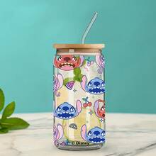 Disney 1个玻璃杯，印有可爱的史迪奇和天使图案，防漏设计，带吸管，容量480毫升，盒装，带有防伪码 - 史迪奇和安琪 - 查看 8