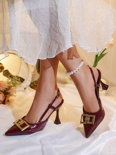 Zapatos de tacón alto con punta puntiaguda y sin talón, hebilla cuadrada de metal estilo francés, tacones de aguja estilizantes y versátiles