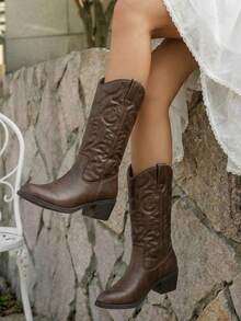 Western Cowboy Round Toe Mid-Calf Boots For Women - Cà phê nâu - Xem 2