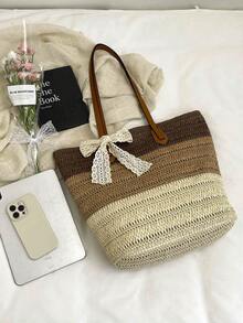 Gradient Striped Straw Tote Bag, Bow Tie Shoulder Bag, Large Capacity Woven Casual Bag, Retro PU Leather Strap, Fits , Casual Beach Vacation Bag, French Slouchy, Large Zipper Tote Bag, Commute & Travel Dual-Use Bag, Essential For Summer Beach Vacation - Coffee Brown - View 8