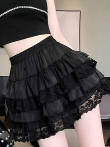 Dark Gothic Light Asian Style Black Lace Patchwork Multi-Layered Ruffle Cake Skirt, Spring/Summer Dark Gothic High-Waisted Puffy Short Skirt, Unique Fashionable Outfit For Hot Girls At Music Festivals, Versatile And Unique Style - 黑色 - 查看 1