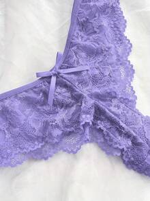 Women's Solid Color Lace Camisole Nightgown Paired With Matching Lace Shorts, V-Neck Design, Bow Decoration, Delicate Lace Patterns, Ruffled Hem, Christmas And Valentine's Day Clothing - The Ideal Gift For Her - Light Purple - 查看 5