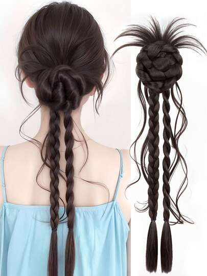 20Inch Ponytail Wig Female Stable Twist Boxing Braid Hair Claw INC Style Girl Hair Women's Clip-On Synthetic Wig Flower Bud Head Twist Braid Natural Fashion