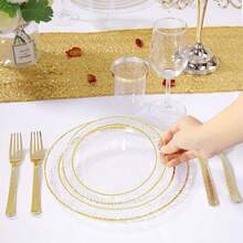 1 chiếc đĩa phục vụ cao cấp kiểu Châu Âu, trong suốt, viền vàng kép, bộ đồ ăn trang nhã cho đám cưới, tiệc tùng, sinh nhật, tiệc trà chiều, họp mặt gia đình, khách sạn, lễ kỷ niệm, bộ đồ ăn có thể tái sử dụng. - Vàng - Xem 9