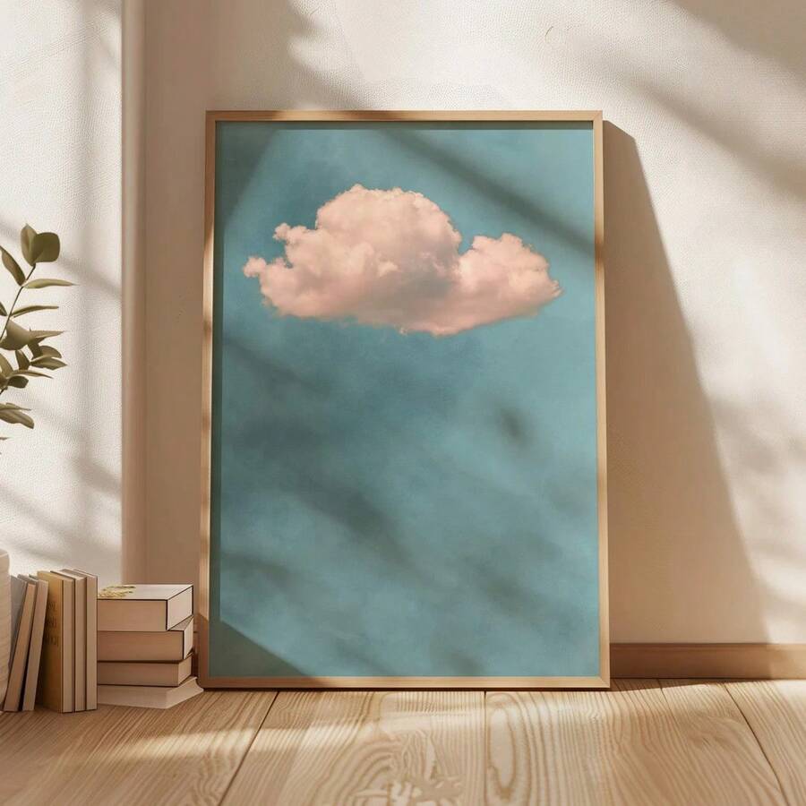 1 pieza Decoración de pared, póster retro con nubes azul cielo, obra de arte en lienzo rosa pálido, adecuado para decoración de sala de estar, estética de dormitorio, un regalo para amigos, ideal para inauguración de casa