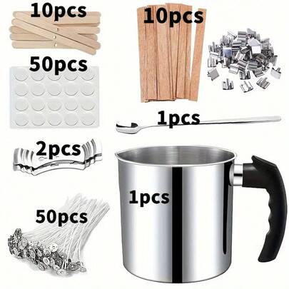 Bộ dụng cụ tự làm nến gồm 1 nồi nấu nến ngược dòng 1300ml, 2 giá đỡ bấc nến bằng kim loại, 50 bấc nến dài 12 cm, 10 giá đỡ bấc nến bằng gỗ, 50 miếng dán bấc nến và 1 thìa canh bột làm nến. Thích hợp cho bộ dụng cụ làm nến, dụng cụ làm nến, vật liệu tạo hình sáp để làm đồ trang sức DIY, phù hợp cho người mới bắt đầu và làm quà tặng lễ hội.