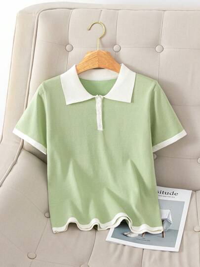 夏季新款撞色冰丝短袖T恤Polo衫针织衫拼接撞色领休闲款