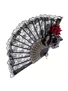 Quạt xếp kiểu Tây Ban Nha cổ điển thanh lịch, thiết kế họa tiết ren hoa hồng, thích hợp cho các bữa tiệc và làm quà tặng, vật dụng thiết yếu hàng ngày, món quà lý tưởng. - Nhiều màu - Xem 8