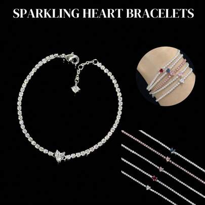 1条闪亮粉红色和红色锆石心形手链，16-20厘米，适合女性日常佩戴，情人节、母亲节、生日等节日珠宝礼物