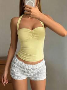 Camiseta sin espalda con cuello halter y diseño fruncido en el frente, estilo Y2K sexy, adecuada para la playa, uso casual y diario - Amarillo - Ver 3
