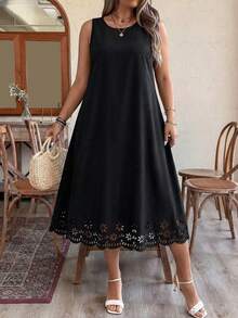Women's Black Sleeveless Scoop Neck Midi Dress With Laser Cut Out Scallop Hem, A-Line Tank Sundress For Summer Casual Wear - Black - View 5