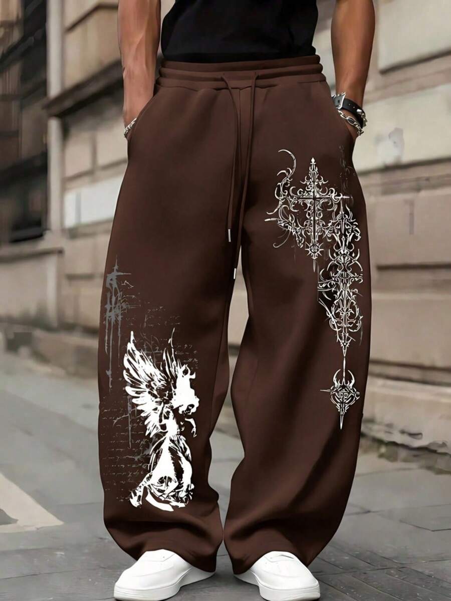 Men's Wide Leg Pants With Stylish Bird Cross Print, Streetwear, Hip-Hop Winter Clothing - 咖啡棕 - 查看 1