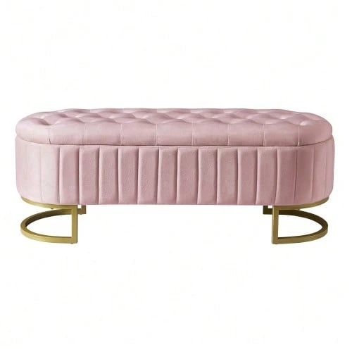 Sofa Cover And Footstool With Storage 120 X 40 Cm, Upholstered Footstool With Storage Space, Sofa Bench, Beige Velvet Fabric - Pink - View 1